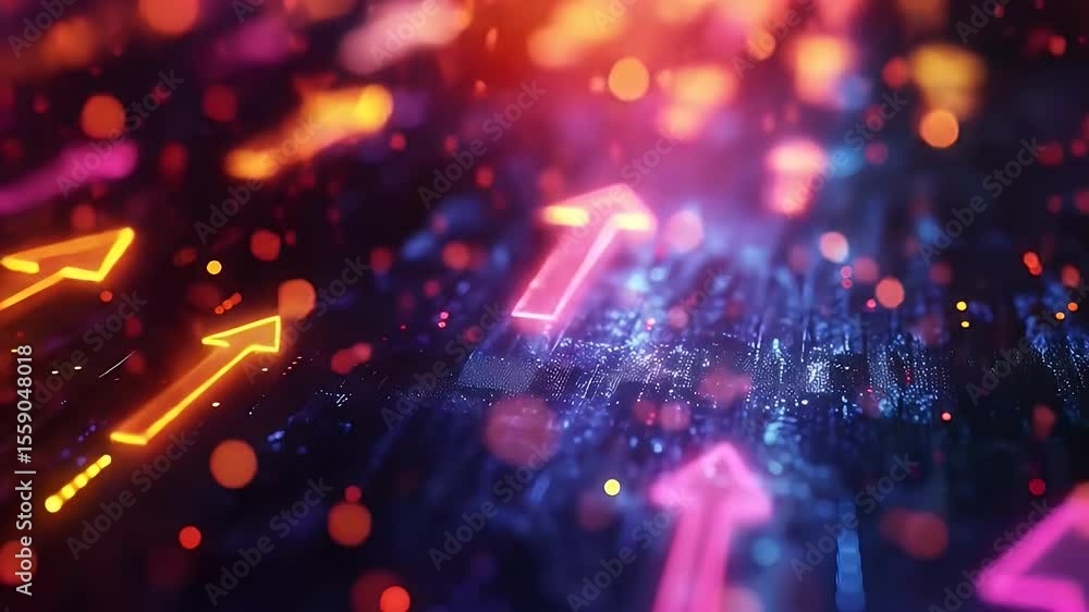 Poster abstract neon arrows pointing upwards with red orange and blue bokeh background