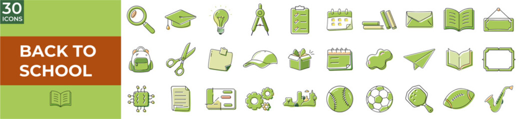 Back to school icons set in green color for education theme  