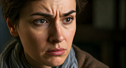 A woman exhibits a furrowed brow conveying deep thought or concern perfect for scenes depicting problem solving introspection or serious contemplation.