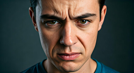 A man with a furrowed brow and intense gaze conveys deep thought or disapproval. Ideal for conveying doubt frustration or concentration in advertisements or emotional storytelling.