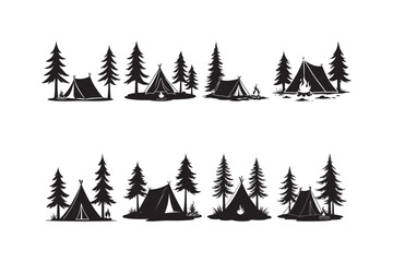 Silhouettes of tents and campfires amidst pine trees