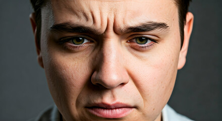 A man's intense facial expression with furrowed brow and crinkled nose conveys deep thought or discomfort perfect for illustrating complex emotions in various media or presentations