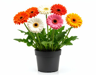 Colorful Gerbera Daisies in a Black Pot