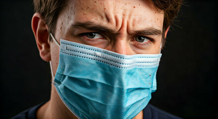 A person wearing a blue medical mask exhibits an intense furrowed brow expression conveying seriousness or discomfort perfect for health related campaigns or articles about societal issues and stress.