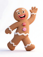 Obraz premium Happy gingerbread man walking and waving, 3D rendered cartoon character with icing and candy decorations, festive Christmas cookie design on white background