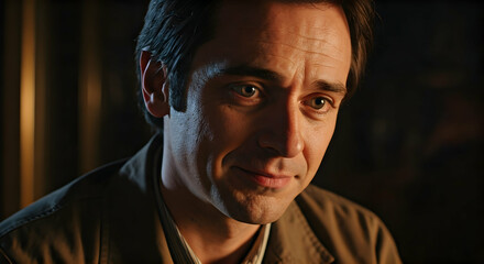 A male portrait with warm dramatic lighting shows a thoughtful expression for emotional storytelling or character studies in films or advertising projects.