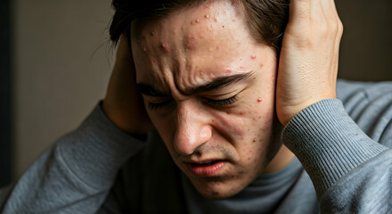 A young man holds his head in distress displaying numerous skin lesions across his face suggesting a medical condition This image could illustrate struggles with dermatological issues for health aware