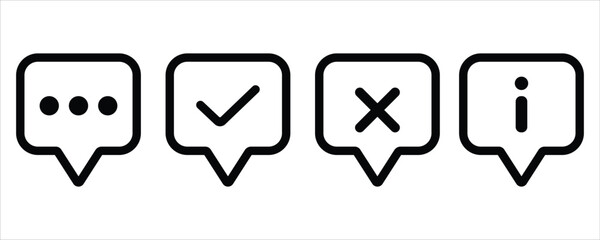 Speech Bubble Icons Vector – Communication Symbols with Check, Cross, Info, and Typing Dots on White Background