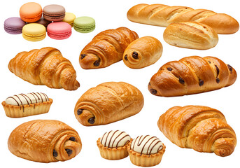 Assorted delicious pastries and breads served on white or transparent background. PNG. Ideal for food themed graphics and bakery marketing