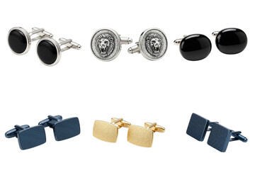 A set of cufflinks in different styles in silver, gold and black.