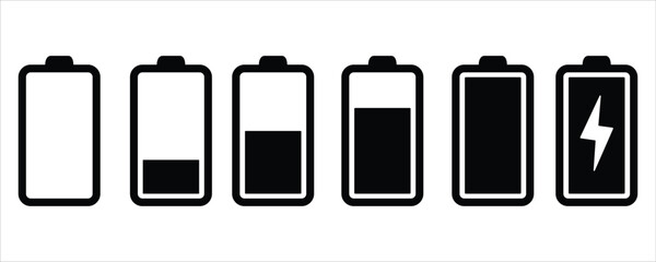 Battery Charge Status Icons Vector – Empty to Full with Lightning Bolt on White Background