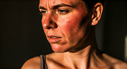 Close up of a person's face showing pronounced red skin texture and wrinkles with strong side lighting for dermatological and health awareness campaigns