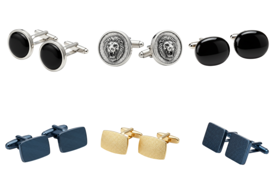 A set of cufflinks in different styles in silver, gold and black.
