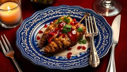 Traditional kueh lapis dessert with red and white frosting patterns on marble plate.