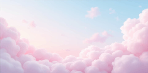 abstract.  Soft pastel sky with fluffy clouds in gradient pink and blue tones, dreamy ambiance, seamless transitions, clean vector style, and no outlines.
