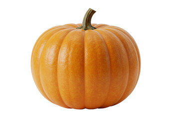 Obraz premium Vibrant orange pumpkin, perfectly round with pronounced ridges and a short brown stem, isolated prominently on a pristine plain white studio background with no shadows, evoking warmth and natural