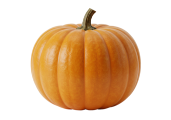 Vibrant orange pumpkin, perfectly round with pronounced ridges and a short brown stem, isolated prominently on a pristine plain white studio background with no shadows, evoking warmth and natural