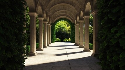 Fototapeta premium Beautiful garden pathway lined with arches and greenery in the sunlight during mid-day