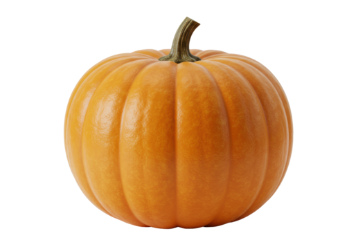 Vibrant orange pumpkin, perfectly round with pronounced ridges and a short brown stem, isolated prominently on a pristine plain white studio background with no shadows, evoking warmth and natural