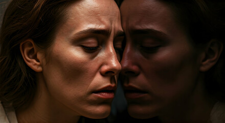 Two women's faces close in a moment of deep introspection or shared sorrow. Ideal for themes of empathy connection and quiet contemplation.