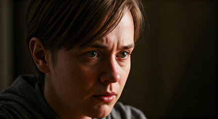 A close-up portrait of a person with a concerned expression showcasing deep emotion in a dramatic dimly lit setting perfect for conveying introspective feelings