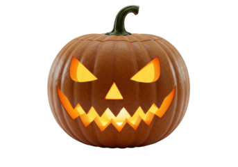 A dark brown-orange carved Halloween Jack-o'-lantern, glowing with warm orange light, featuring triangular eyes, nose, and a wide, jagged, toothy grin, isolated on a transparent studio background,