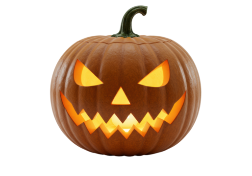 A dark brown-orange carved Halloween Jack-o'-lantern, glowing with warm orange light, featuring triangular eyes, nose, and a wide, jagged, toothy grin, isolated on a transparent studio background,