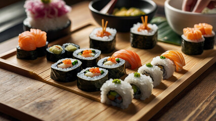 Delicious Set of Sushi Rolls with Fish, Rice and Toppings