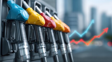Colorful gasoline nozzles are positioned at a fuel pump in an urban environment. Background shows a city skyline, with a graph indicating rising fuel prices.