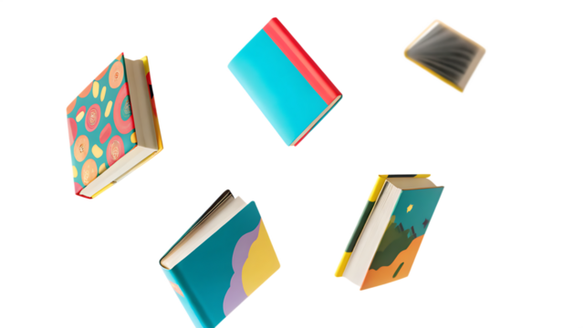  colorful hardcover books flying isolated on white background PNG, AI GENERATED