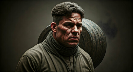 A powerful weathered man with a determined gaze stands by a large wooden object. Use for themes of strength resilience hard work or historical settings and character studies.