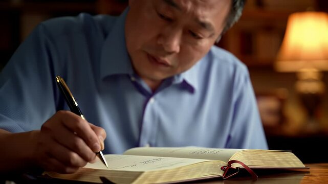 Man Writing in Bible at Night