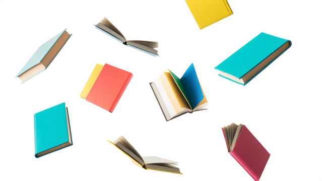  colorful hardcover books flying isolated on white background PNG, AI GENERATED