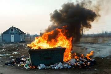 Burning dumpster with fire flames and black smoke rising, garbage bin on fire outdoors, toxic waste pollution disaster scene, environmental crisis emergency, urban trash blaze, open landfill combustio