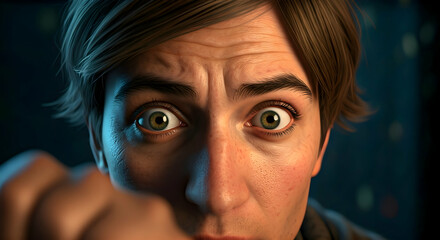 A close-up portrait of a person with wide expressive green eyes showing intense emotion such as fear or surprise under dramatic lighting a gripping visual for storytelling or emotional impact