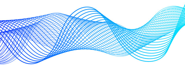 Abstract modern background with flowing wave pattern composed of thin, translucent lines in shades of blue and cyan. Smooth, undulating rhythm and white backdrop, soundwaves or fluid motion.