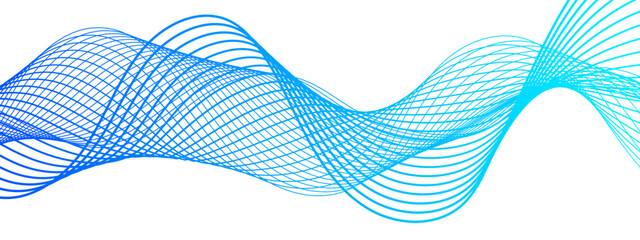 Abstract modern background with flowing wave pattern composed of thin, translucent lines in shades of blue and cyan. Smooth, undulating rhythm and white backdrop, soundwaves or fluid motion.