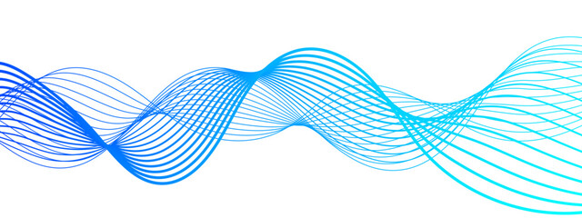 Abstract modern background with flowing wave pattern composed of thin, translucent lines in shades of blue and cyan. Smooth, undulating rhythm and white backdrop, soundwaves or fluid motion.
