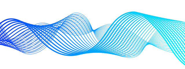 Abstract modern background with flowing wave pattern composed of thin, translucent lines in shades of blue and cyan. Smooth, undulating rhythm and white backdrop, soundwaves or fluid motion.