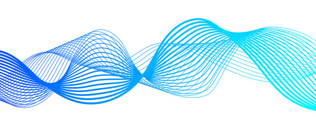 Abstract modern background with flowing wave pattern composed of thin, translucent lines in shades of blue and cyan. Smooth, undulating rhythm and white backdrop, soundwaves or fluid motion.