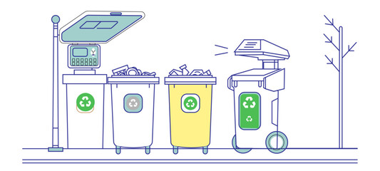 Minimalist Icons of Smart Recycling System – Sensor Bins, AI Sorters & Urban Waste Tracking
