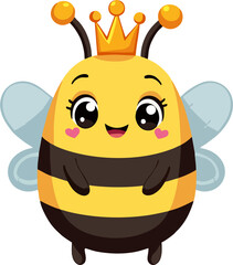 Cute Queen Bee Cartoon Character with Crown and Heart Cheeks – Kawaii Style Vector Illustration