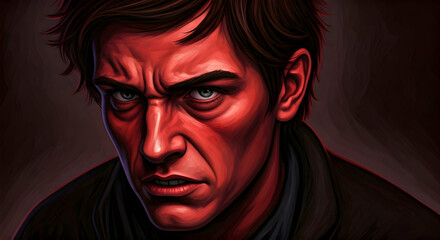 An intense red-faced character illustration perfect for horror or thriller game covers or book artwork. This striking portrait captures a powerful and menacing gaze.