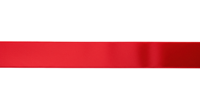A single, vibrant crimson red satin ribbon lies perfectly flat and smooth on a transparent background with ample copy space, no shadows, a high quality commercial design element