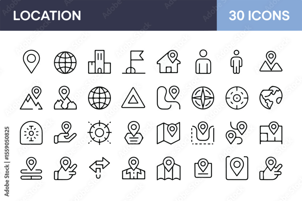 Poster collection of location and navigation icons isolated on white background