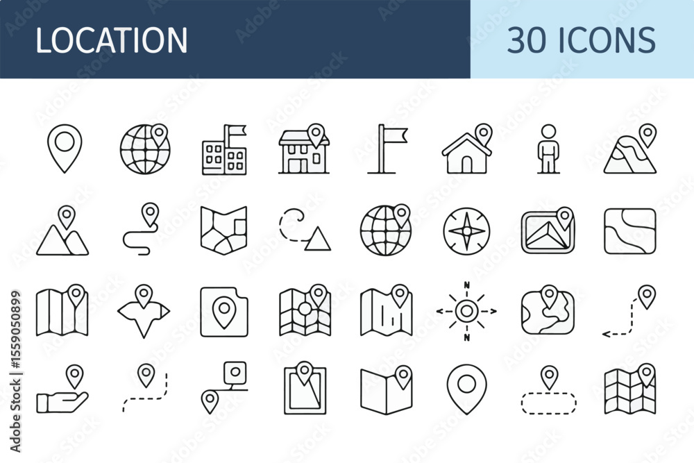 Poster collection of location and navigation icons for maps and travel isolated on white background
