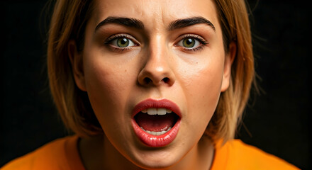 A powerful close-up of a woman with wide eyes and an open mouth conveying intense surprise or strong emotion ideal for impactful marketing and dramatic storytelling