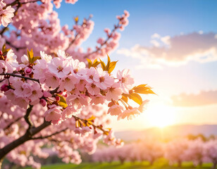 Pink Cherry Blossoms at Sunset