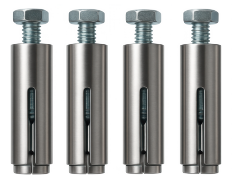 Drop-in anchors suitable for installing a ceiling fan in a home's concrete ceiling, featuring an internal plug that expands when the bolt is inserted.