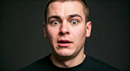 A young man with wide eyes and an open mouth depicts shock and disbelief a compelling visual for expressing surprise. Use for reaction memes or emotional storytelling.